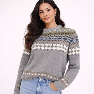 American Eagle Fair Isle Knit Sweater Gray Green Nordic Cozy Pullover Med NWOT